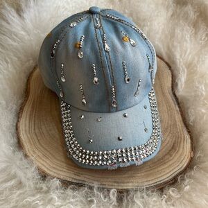 Embellished Denim Cap with Rhinestones